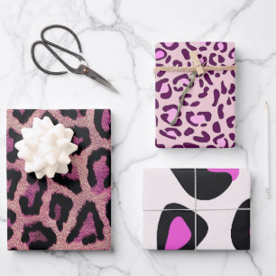 Pink Black Leopard Animal Print Wrapping Paper Sheets