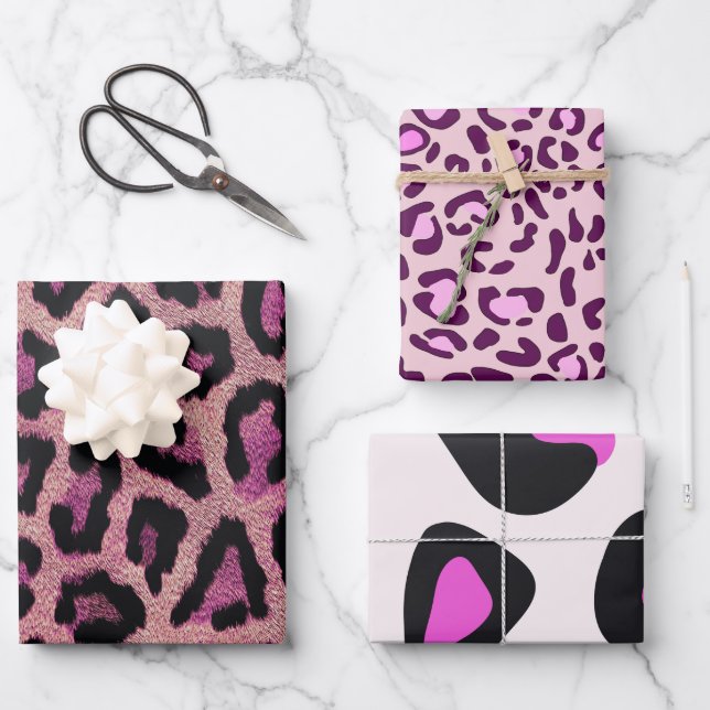 Pink Black Leopard Animal Print Wrapping Paper Sheets (Front)