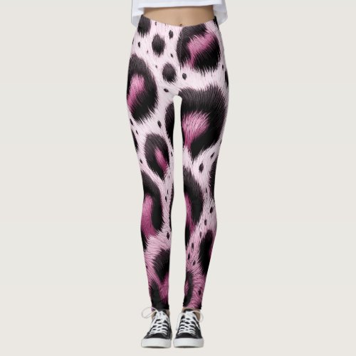 Pink  Black Leopard Fur Animal Print Spots  Leggings