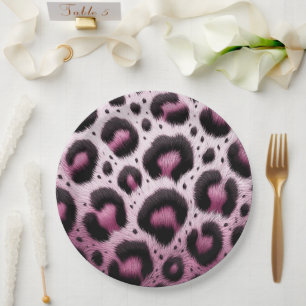 Pink & Black Leopard Fur Animal Print Spots  Paper Plates