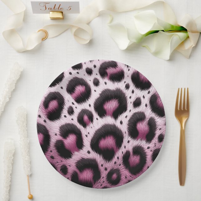 Pink & Black Leopard Fur Animal Print Spots  Paper Plates (Wedding)