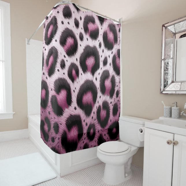 Pink & Black Leopard Fur Animal Print Spots  Shower Curtain (In Situ)