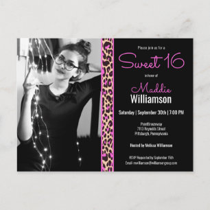 Pink & Black Leopard Photo Sweet 16 Invitation Postcard
