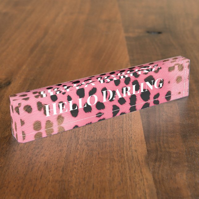 Pink Black Leopard Print Abstract Desk Name Plate (Side)