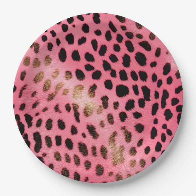 Pink Black Leopard Print Abstract Paper Plates (Front)