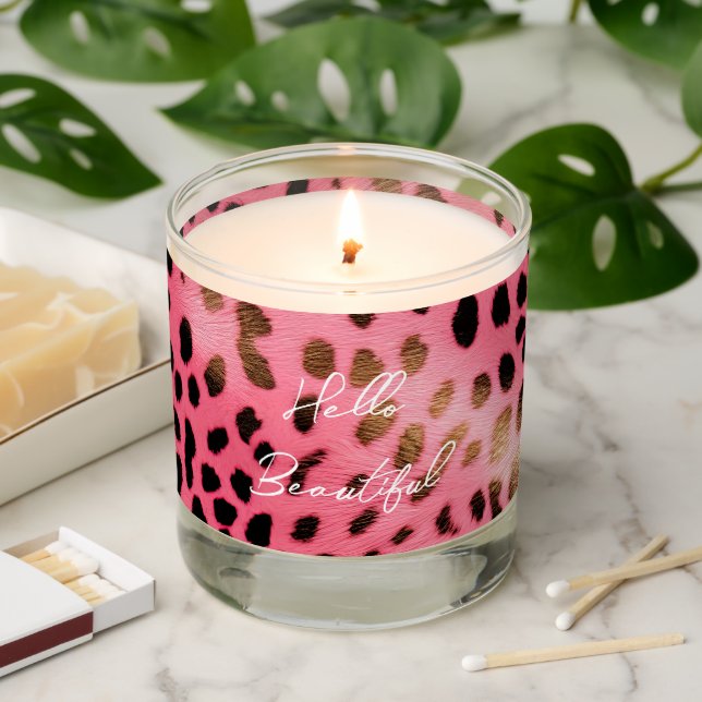 Pink Black Leopard Print Abstract Scented Candle (Lit)