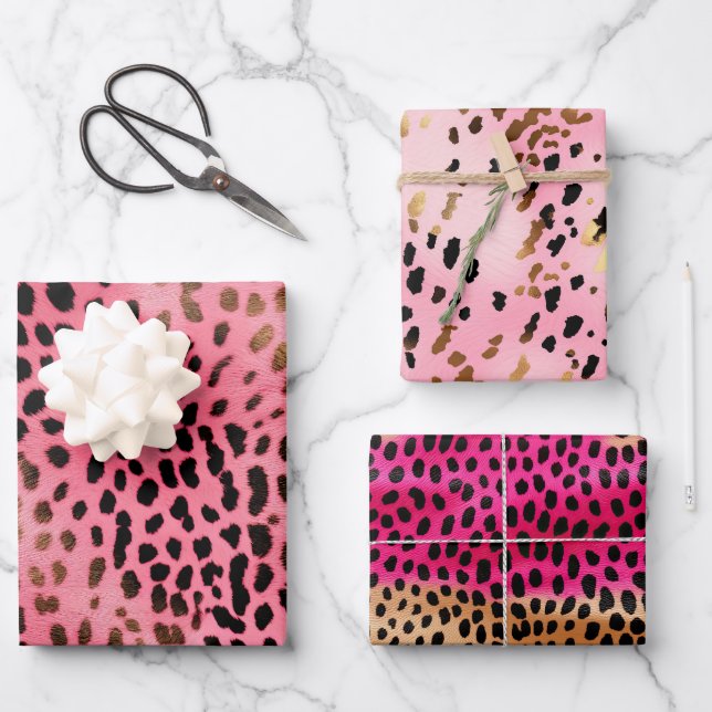 Pink Black Leopard Print Abstract Wrapping Paper Sheets (Front)