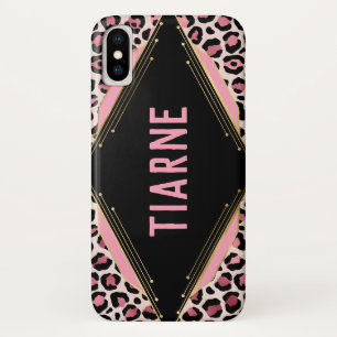 Pink & Black Leopard Print Custom Name iPhone X Case