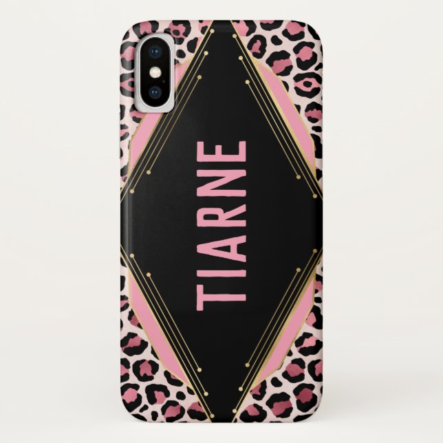 Pink & Black Leopard Print Custom Name Case-Mate iPhone Case (Back)