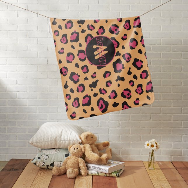 Pink Black Leopard Print Monogram Baby Blanket (In Situ)