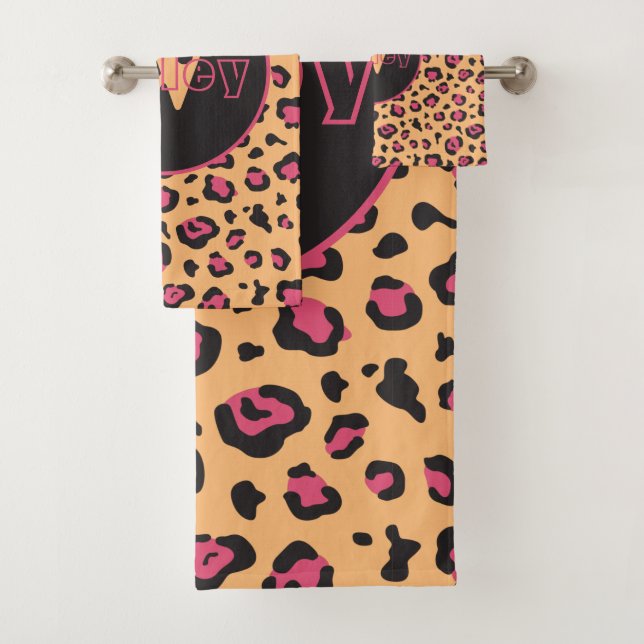 Pink Black Leopard Print Monogram Bath Towel Set (Insitu)