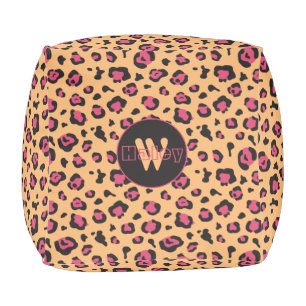 Pink Black Leopard Print Monogram Pouf