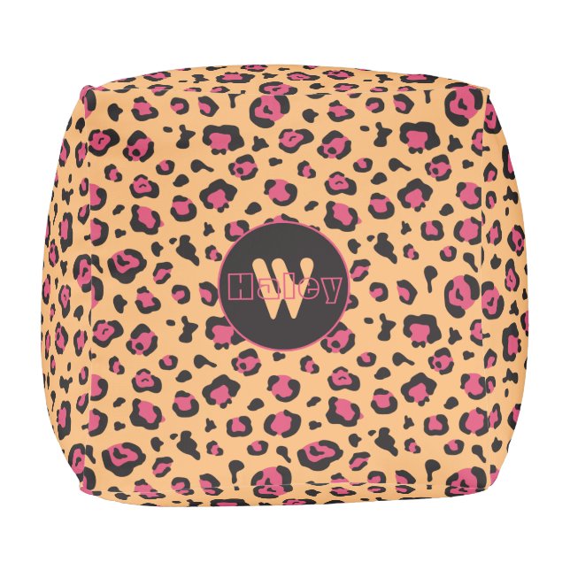 Pink Black Leopard Print Monogram Pouf (Top)