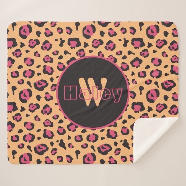 Pink Black Leopard Print Monogram Sherpa Blanket (Front (Horizontal))
