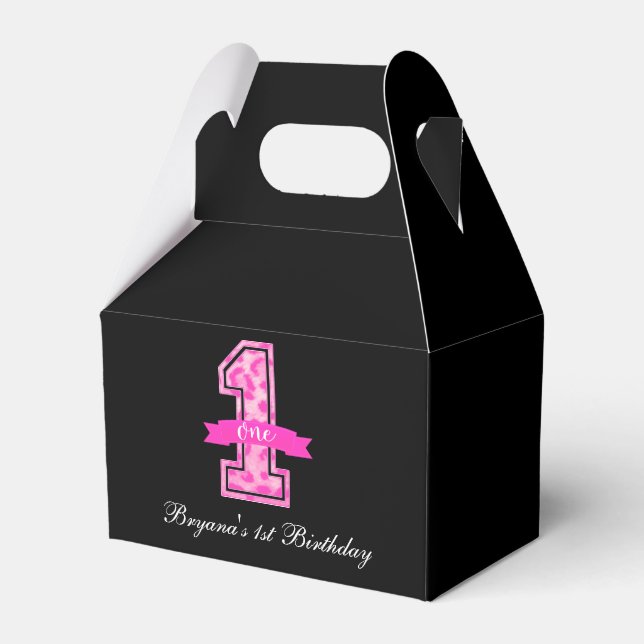 Pink & Black Leopard Print One 1st Birthday Favor Boxes (Front Side)