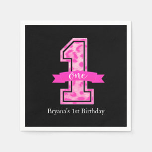 Pink & Black Leopard Print One 1st Birthday Party Paper Napkins