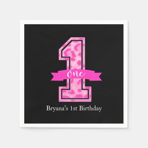 Pink  Black Leopard Print One 1st Birthday Party Paper Napkins