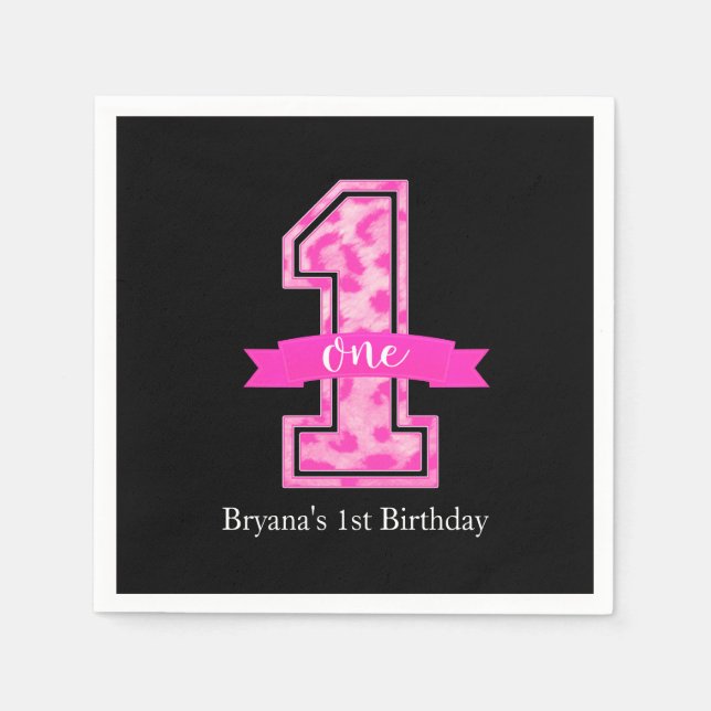 Pink & Black Leopard Print One 1st Birthday Party Paper Napkins (Front)