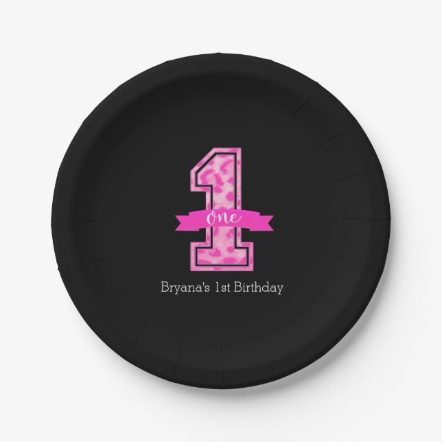Pink & Black Leopard Print One 1st Birthday Party Paper Plates (Front)