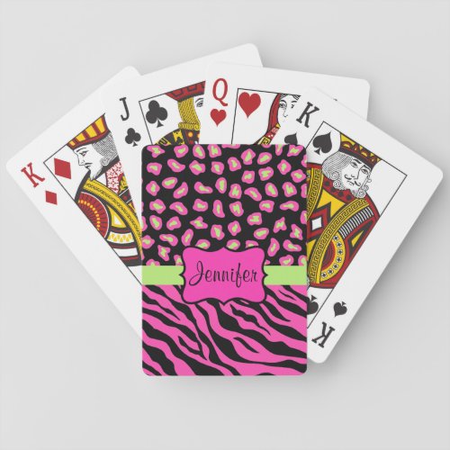 Pink Black  Lime Green Zebra  Cheetah Skins Playing Cards