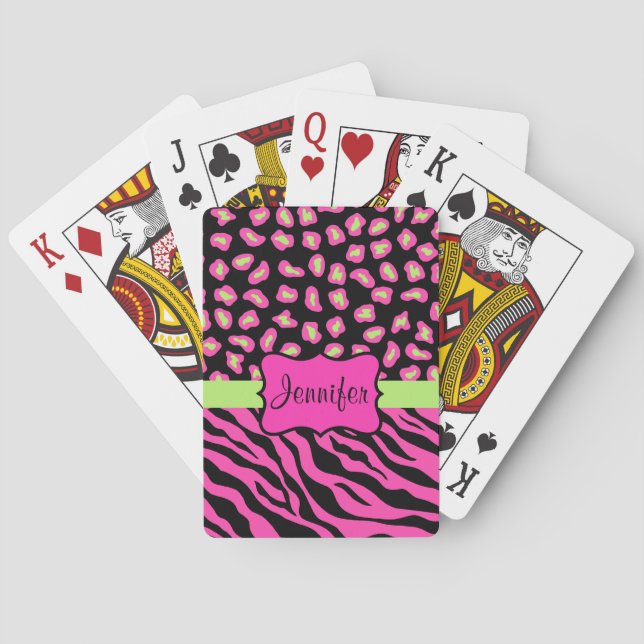 Pink, Black & Lime Green Zebra & Cheetah Skins Poker Cards (Back)