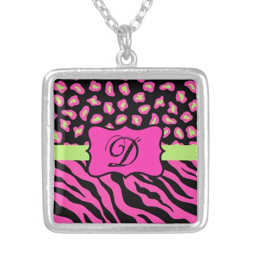 Pink Black  Lime Green Zebra  Cheetah Skins Silver Plated Necklace