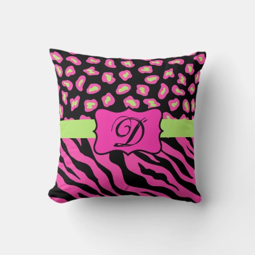 Pink Black  Lime Green Zebra  Cheetah Skins Throw Pillow