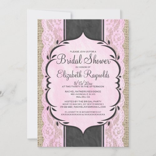 Pink Black Linen Burlap Lace Bridal Shower Invites