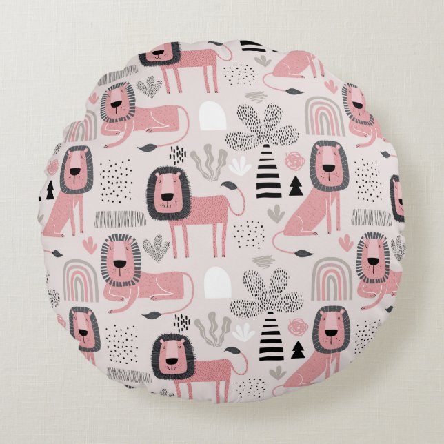 Pink Black Lions Boho Rainbows Modern Round Pillow (Front)