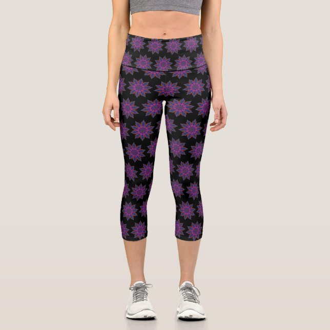 Pink & Black Lotus Mandala Capri Leggings (Front)