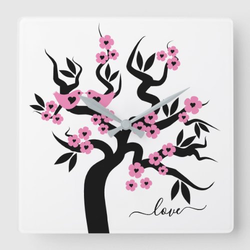 Pink black Love birds cherry tree  blossoms Square Wall Clock