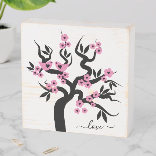 Pink black Love birds cherry tree  blossoms Wooden Box Sign