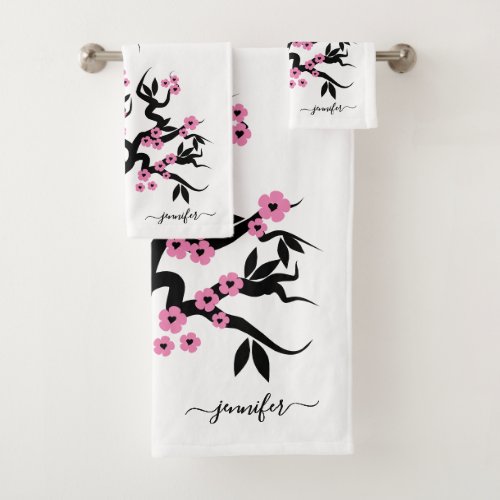 Pink black love birds sakura cherry tree blossoms bath towel set