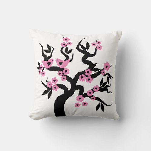 Pink black Love birds sakura cherry tree  blossoms Throw Pillow