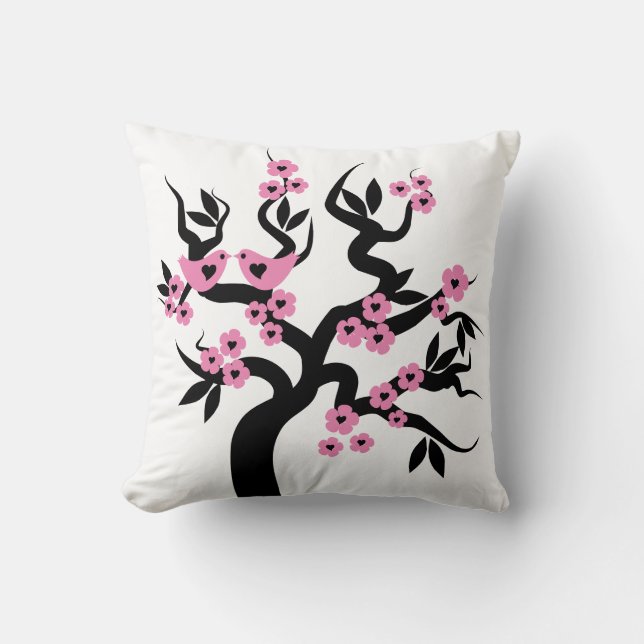 Pink black Love birds sakura cherry tree  blossoms Throw Pillow (Front)
