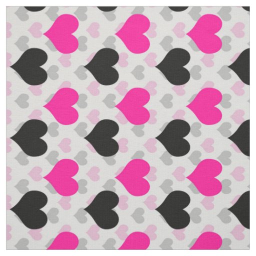 Pink Black Love Hearts White Fabric