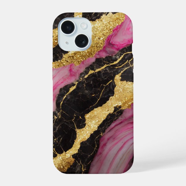 Pink Black Marble Pattern with Gold Iphone Case (Back)