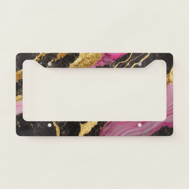 Pink Black Marble Pattern with Gold License Plate Frame (Front)