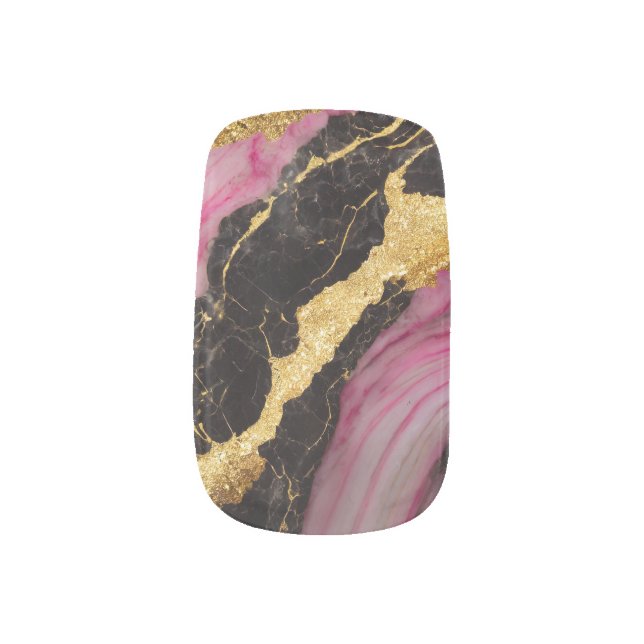 Pink Black Marble Pattern with Gold Minx Nail Art (Left Thumb)