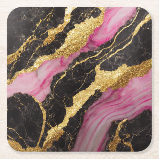 Pink Black Marble Pattern with Gold Square Paper Coaster