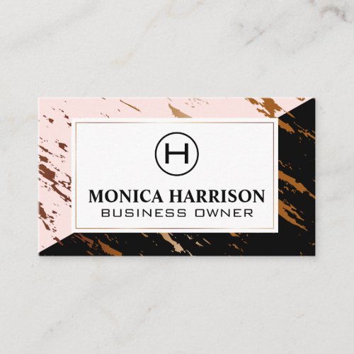 Pink Black Marble  Speckled Gold  Monogram Business Card