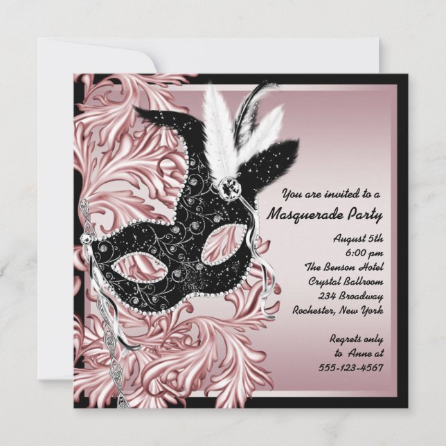 Pink Black Mask Pink Black Masquerade Party Invitation (Front)
