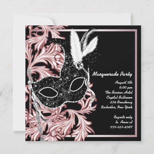 Pink Black Mask Pink Black Masquerade Party Invitation