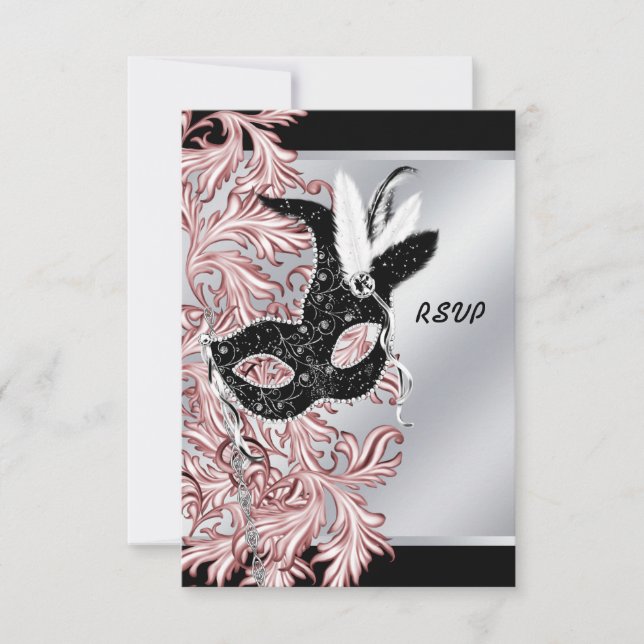 Pink Black Mask Pink Black Masquerade Party RSVP (Front)