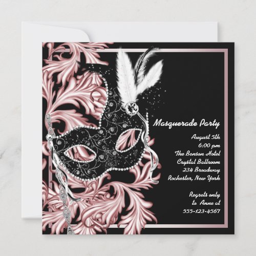 Pink Black Mask Pink Masquerade Party Invitation