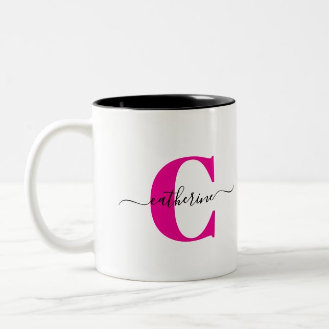 Pink Black Minimalist Elegant Script Monogram Name Two-Tone Coffee Mug (Left)