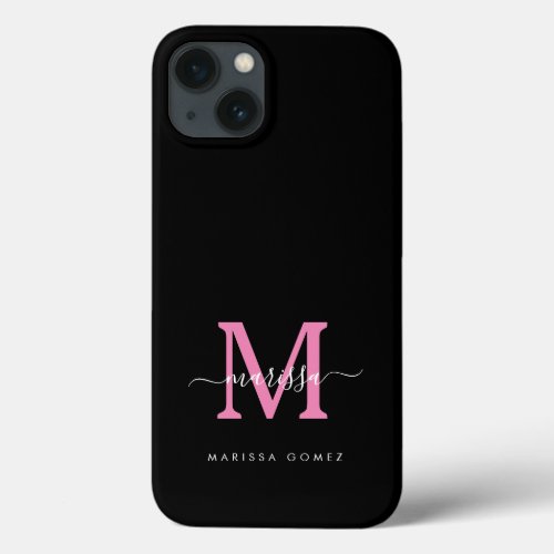 Pink  Black Minimalist Monogram Custom Name iPhone 13 Case