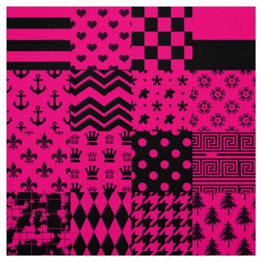 Pink Black Mixed Patterns Patchwork Design  Fabric
