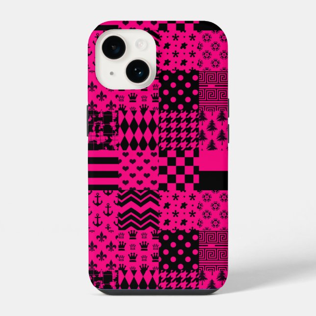 Pink Black Mixed Patterns Patchwork Design  Iphone Case (Back)