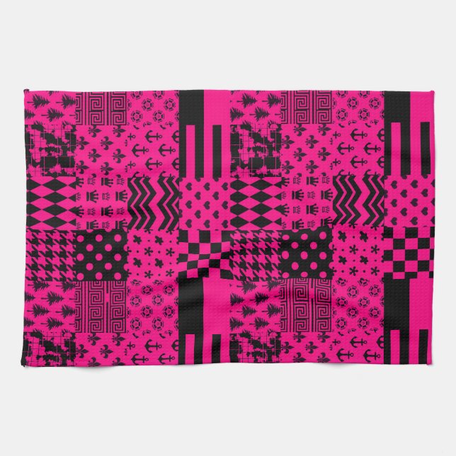 Pink Black Mixed Patterns Patchwork Design  Kitchen Towel (Horizontal)